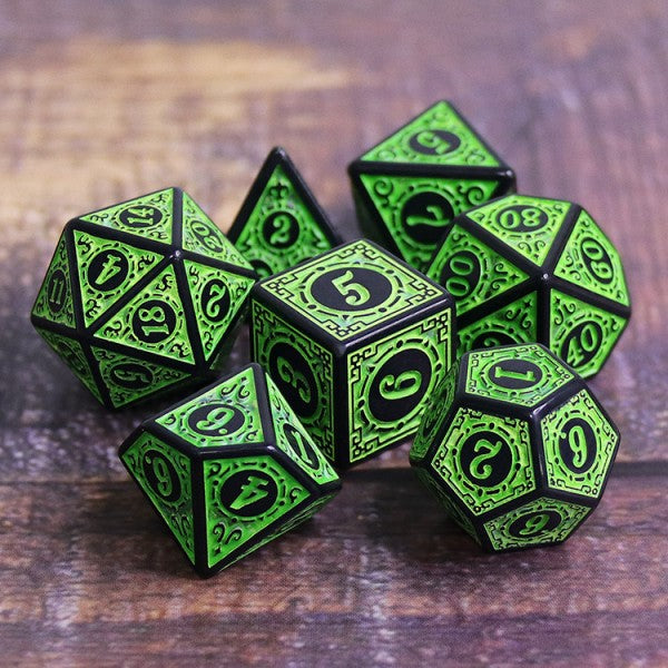 Magic Flame 7pc Dice Set inked in Green